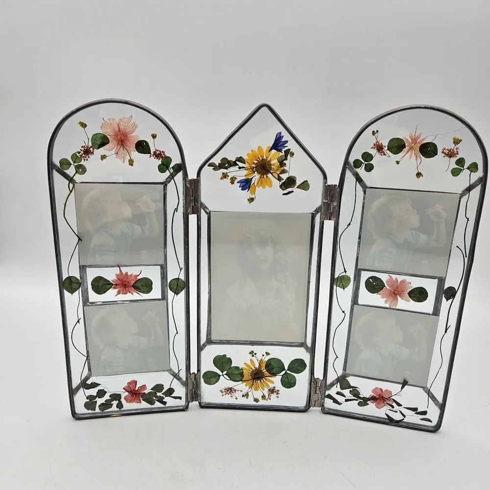 VTG Glass Pressed Flowers Picture Frame Tri-Fold Multi Photo 2x2 